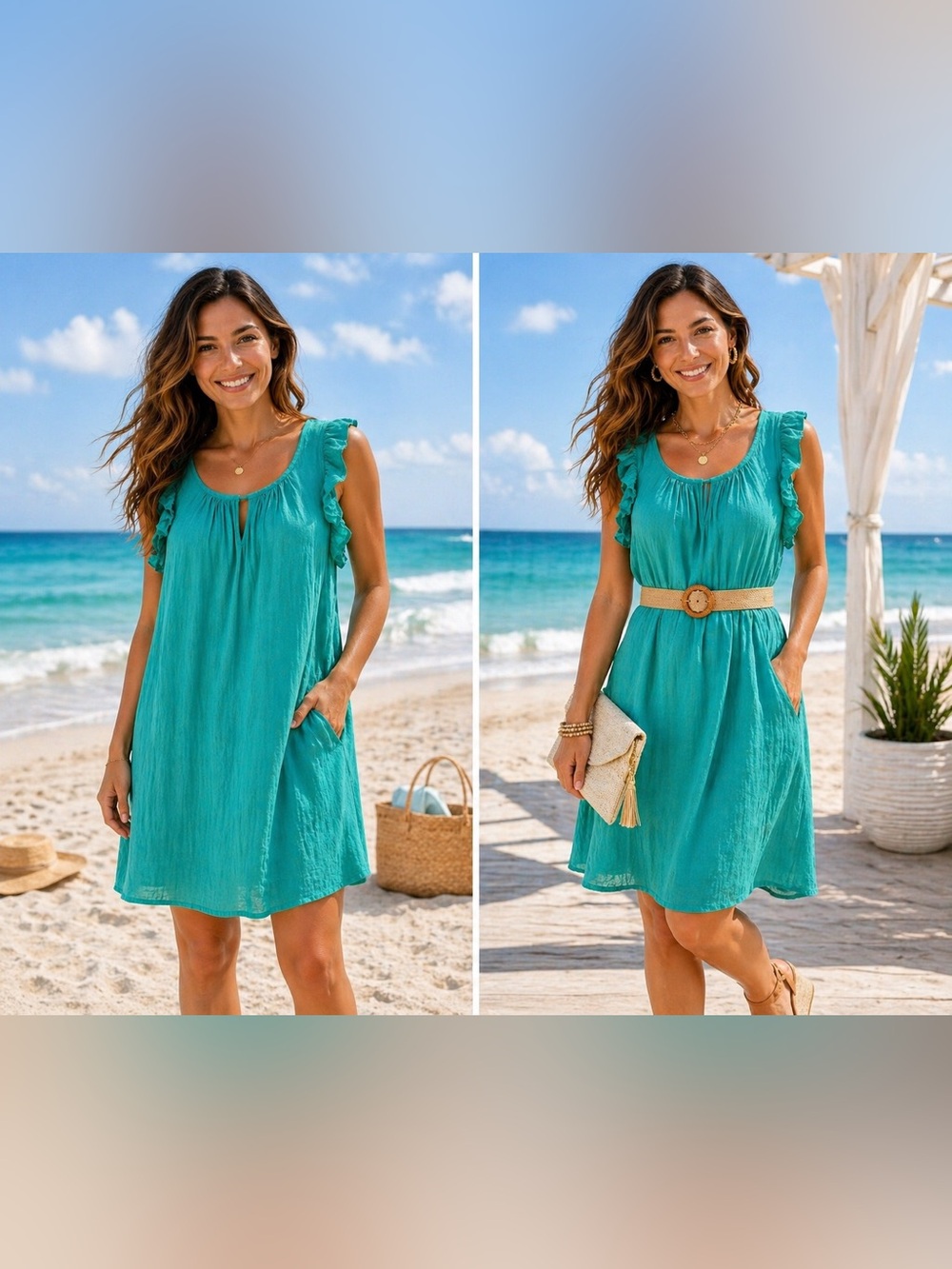 AGB Breezy Coastal Teal Ruffle Sleeve Shift Dress Size M Summer Boho